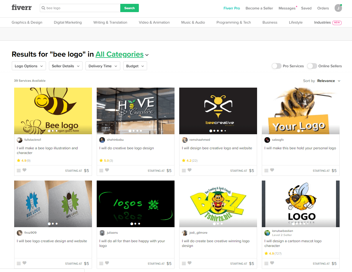 Скріншот Fiverr - дизайнери логотипів Bee